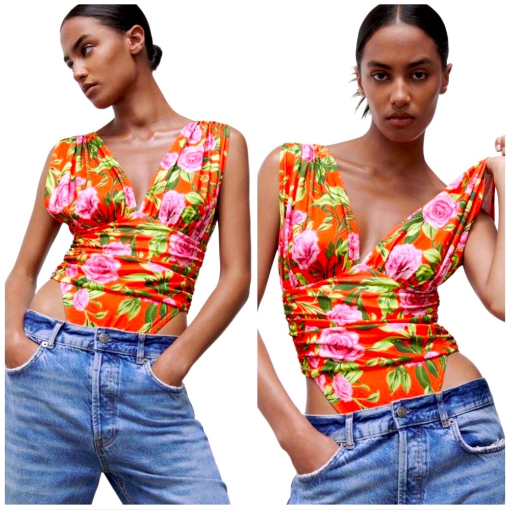 ZARA Draped Ruched Floral Deep V Neckline Wide Straps Bodysuit Orange Green Sz S